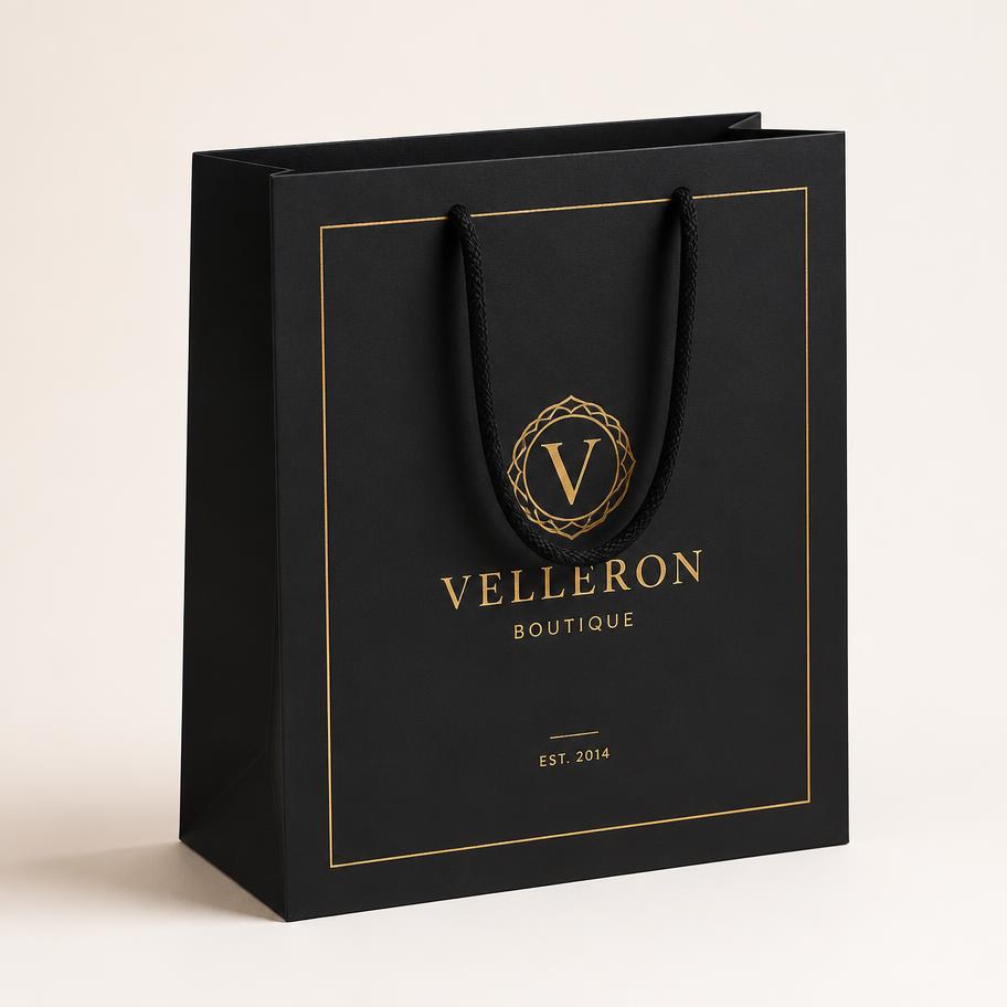 Packaging PrestivoLuxe : sac cartonné noir mat avec anses en corde de coton